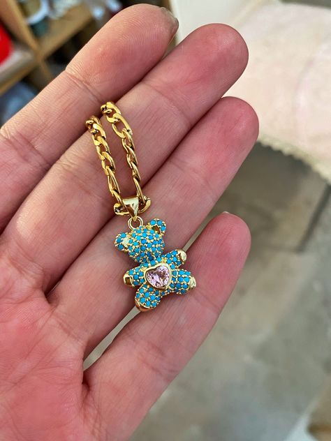 Jewelry 2000s, Teddy Bear Necklace, Necklace Y2k, Necklace Gold Chain, 2000s Nostalgia, Aesthetic Jewelry, Bear Necklace, Necklace Turquoise, Gorgeous Bracelet