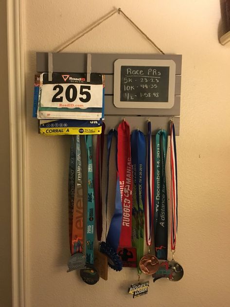 Great way to display race bibs and medals. Runner Medal Display, Race Bib Display, Bib Display, Race Bib Holder, Race Medal Displays, Marathon Medal Display, Running Bibs, Running Medal Display, Diy Fitness