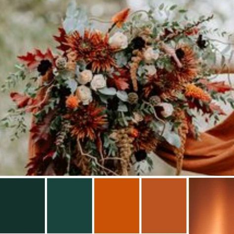 Orange Wedding Color Scheme, Green Wedding Palette, Orange Wedding Color Palette, Green Fall Weddings, Emerald Green Wedding Theme, Hunter Green Wedding, Forest Green Wedding, Orange Wedding Themes, Dark Green Wedding