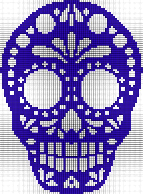 Sugar skull pattern / chart for cross stitch, crochet, knitting, knotting, beading, weaving, pixel art, and other crafting projects Tapestry Charts, Cross Stitch Skull, Crochet Skull Patterns, Crochet Skull, Motifs Perler, Mode Crochet, Pixel Crochet, Halloween Cross Stitches, Crochet Tapestry