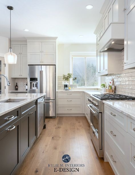 Our Open Layout Kitchen and Dining Room Makeover: Before and After Photos Revere Pewter Kitchen, Colonnade Gray, Kylie M Interiors, Painted Island, Urbane Bronze, Open Kitchen Layouts, Paint Cabinets, Layout Kitchen, India House