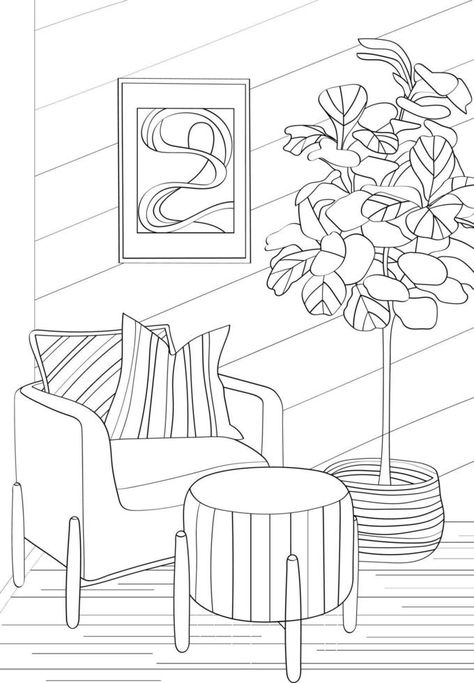 Design interior room. Vector illustration coloring antistress for adult in outline style. Coloring Pages For Ipad, Interior Design Coloring Pages, Interior Coloring Pages, Room Vector Illustration, Interior Design Vector, Blue Drawings, Drawing Interior, Interior Room, Learning Journey