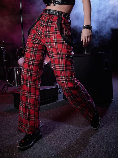 Multicolor Casual Collar  Fabric Tartan Cargo Pants Embellished Non-Stretch Spring/Summer/Fall Women Bottoms Mode Tartan, Plaid Pants Outfit, Tartan Pants, Tartan Fashion, Mode Punk, Punk Pins, Grunge Punk, Trendy Denim, Punk Outfits