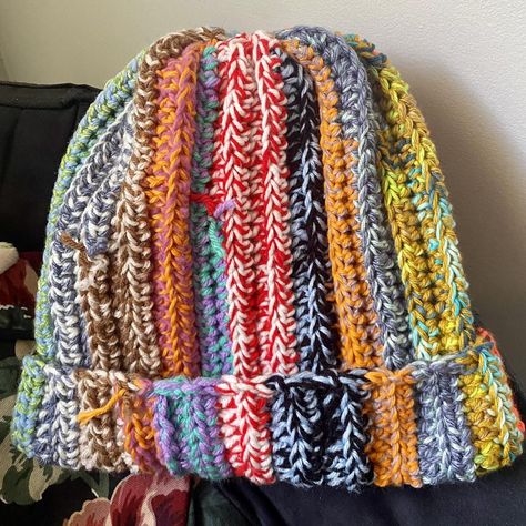 Handmade multicoloured scrap yarn crochet beanie.... - Depop Scrap Yarn Beanie, Yarn Beanie, Scrap Crochet, Scrap Yarn Crochet, Winter Crochet, Scrap Yarn, Beanie Crochet, Crochet Beanie, Knit Hat