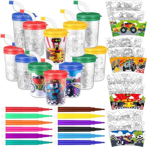 PRICES MAY VARY. Racing Car Party Decorations Include: the package contains 12 pieces of 8 oz monster truck coloring cups with straws and lids, 12 colorful pens in different colors, and 12 truck and race themed paper inserts with 4 different patterns; Sufficient quantity and design to meet your various crafting needs, and can also be shared with family members Enjoy DIY Fun: just use the watercolor pens we provide to paint your favorite color, and then place the cardboard in the middle of the ra Monster Jam Birthday Party Favors, Monster Truck Bday Party, Truck Party Activities, Monster Truck Party Favors, Boy Birthday Favors, Monster Jam Birthday Party, Race Car Party Decorations, Monster Truck Birthday Party, Truck Party Favors