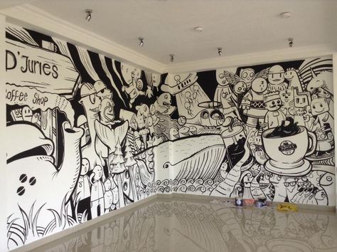 Mural Cafe, Doodle Wall, Office Mural, Cafe Wall Art, Cafe Shop Design, Wall Drawing, Cafe Wall, Wall Paint Designs, Graffiti Wall Art