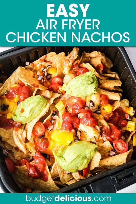 Air Fryer Chicken Nachos, Nachos With Chicken, Air Fryer Nachos, Chicken Appetizer Recipes, Easy Air Fryer Chicken, Chicken Nachos Recipe, Chicken Fajita Casserole, Chicken Appetizers, Chicken Nachos