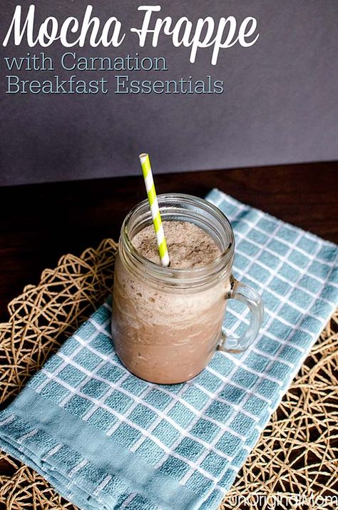 3 ingredient mocha frappe, made with Carnation Breakfast Essentials - get your morning essentials with your cup of coffee! Carnation Instant Breakfast Smoothie, Carnation Instant Breakfast, Carnation Breakfast Essentials, Instant Breakfast Recipe, Breakfast Essentials, Morning Essentials, Mocha Frappe, Instant Breakfast, Protein Shake Smoothie