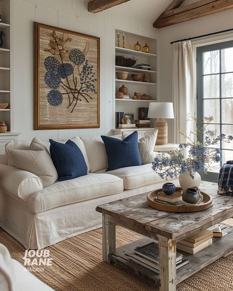 Hints Of Blue Living Room, White Couch Blue Accents, Navy Blue Sofa And Cream Living Room, Navy Blue White And Beige Living Room, Brown White Blue Living Room, White And Light Blue Living Room, Navy Rustic Living Room, Cream Couch Blue Pillows, Beige And Dark Blue Living Room