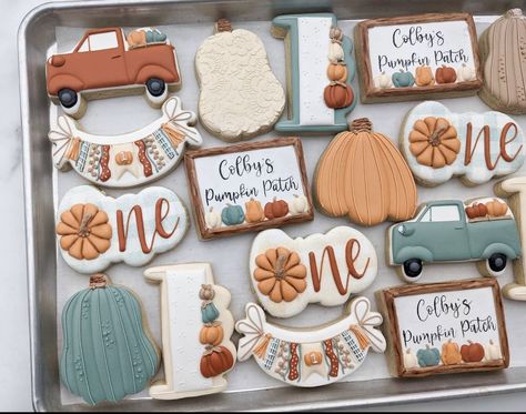 Pumpkin Themed 1st Birthday Party, Fall First Birthday Cupcakes, Fall 1st Birthday Cookies, Fall Festival 1st Birthday Party, Our Little Pumpkin Is Turning One Decor Boy, First Birthday Party Themes Fall, Fall First Birthday Cookies, 1st Birthday Boy Themes Fall, Pumpkin Patch Cookies