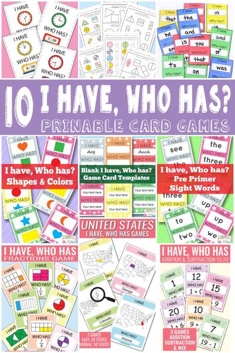 I Have Who Has Games Free Kindergarten, I Have Who Has Games Free Preschool, I Have Who Has, I Have Who Has Games Free, English Games For Kids, Sight Word Cards, Free Printable Games, Science Quotes, English Games