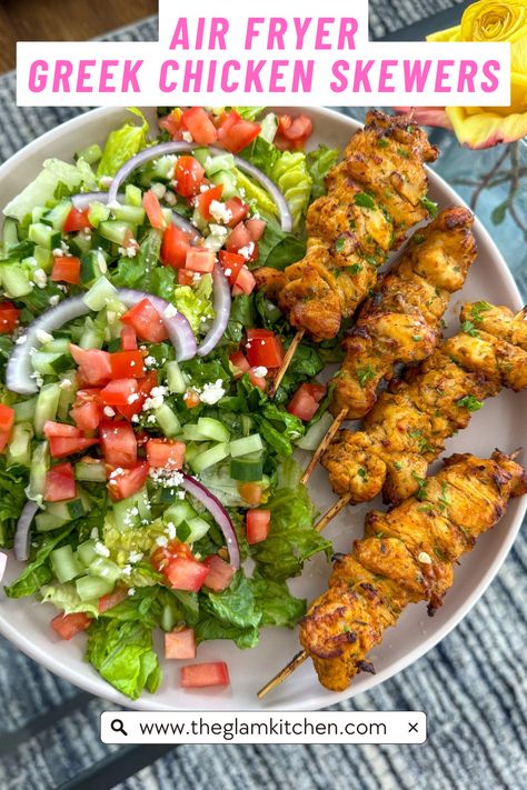 Air Fryer Greek Inspired Chicken Skewers recipe - The Glam Kitchen Greek Chicken Skewers Air Fryer, Chicken Skewers Air Fryer, Shrimp Rasta Pasta Recipe, Air Fryer Greek Chicken, Skewers Air Fryer, Greek Chicken Skewers, Easy Greek Chicken, Whole Baked Chicken, Greek Vinaigrette