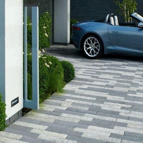 Garage Pavement, Porch Tiles Outdoor, Pavement Ideas, Driveway Tiles, Grey Block Paving, Porch Tiles, Front Driveway, Block Paving Driveway, Driveway Blocks