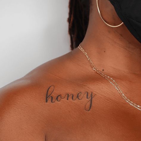 60 Word Tattoo Ideas That Say It All Simple Word Tattoos, Collarbone Tattoo Ideas, Tattoo Dark Skin, Collarbone Tattoos, Word Tattoo Ideas, Dark Skin Tattoo, Tattoo Dark, Tattoos For Men And Women, Collarbone Tattoo