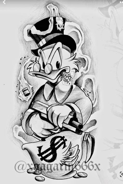 Duck Tattoo Design, Chicano Tattoo Designs, Donald Duck Tattoo, Money Tattoo, Chicano Tattoo, Duck Tales, Tattoo Design, Donald Duck, Tattoo Ideas