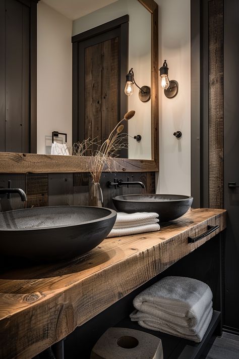 Minimal House Design Interior, Small Square Bathroom, Small Bathroom Makeovers, Rustic Modern Bathroom, Design For Small Spaces, Mountain Cabin Decor, Dark Bathroom, Farmhouse Bathroom Ideas, Dark Bathrooms