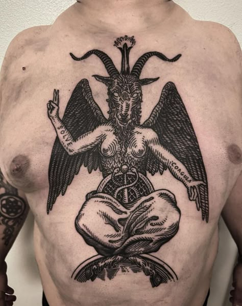 Baphomet Tattoo Design, Baphomet Tattoo, Fantasy Gods, Viking Tattoo Sleeve, Tattoo Catalog, Woodcut Tattoo, Single Line Tattoo, Underboob Tattoo, Creepy Tattoos