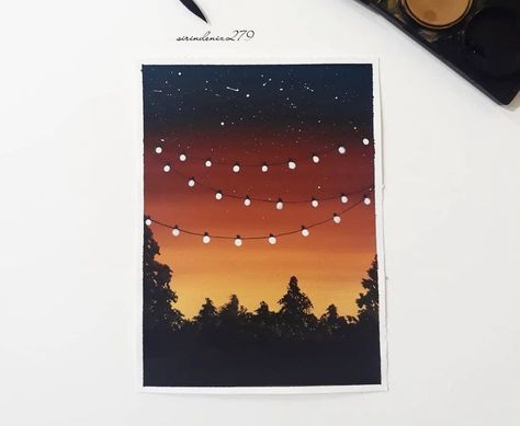 Fairy Lights Painting, Sunset Canvas Painting, Whimsical Art Journal, Sky Art Painting, Canvas Drawing, Painting Canvases, Simple Canvas Paintings, Canvas Painting Tutorials, Easy Canvas Art