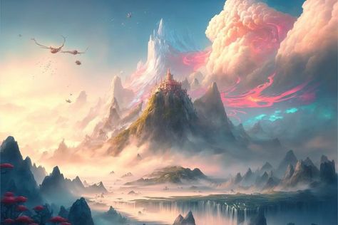 The only place to Heaven from the mortal world. Ancient Chinese mythological landscape. Fantasy art, concept art, landscape. *DM for custom fantasy pieces. Horizontal Fantasy Art, Fantasy Heaven Landscape, Chinese Fantasy Art Landscape, Heaven Concept Art, Heaven Fantasy Art, Fantasy Art Concept, Landscape Fantasy Art, Heavenly Realm, Concept Art Landscape