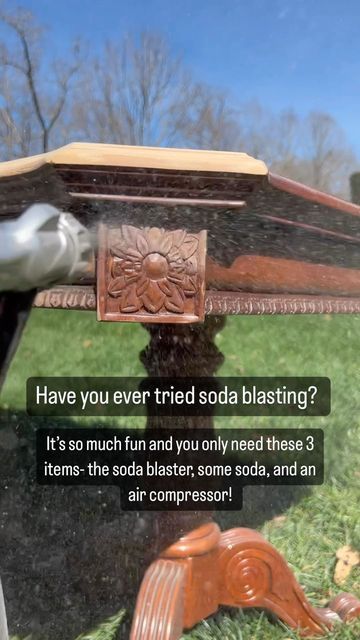 Appaloosa Artisans Tonya C on Instagram: "Have you ever tried soda blasting? If you work on any type furniture refinishing or metal restoration, it may be something you want to purchase! You only need 3 items…. The soda blaster Some soda And an air compressor I also wear my respirator and a face shield for protection! I’ll soon be trying to connect a vacuum to it to help minimize the excess soda! All of these are linked in the story highlights on my page titled Soda/Sand Blaster! If you Soda Blaster Furniture, Soda Blasting Furniture, Sandblasting Ideas, Sanding Furniture, Soda Blasting, Sanding Wood, Dyi Projects, Furniture Refinishing, Appaloosa