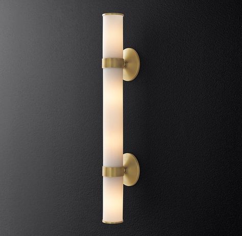 RH Sutton Grand Linear Sconce Half Bath Lighting, Rh Bathroom, Master Suite Remodel, Hotel Aesthetic, Master Bath Renovation, Bath Lighting, Doll House Plans, Storage Mirror, Furniture Vanity