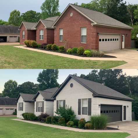 Exterior Painted Brick, Exterior Painted Brick House, Painted Brick House Exterior, Brick House Exterior, House Brick, Painted Brick Exteriors, Ranch House Remodel, Ranch House Exterior, Painted Brick House