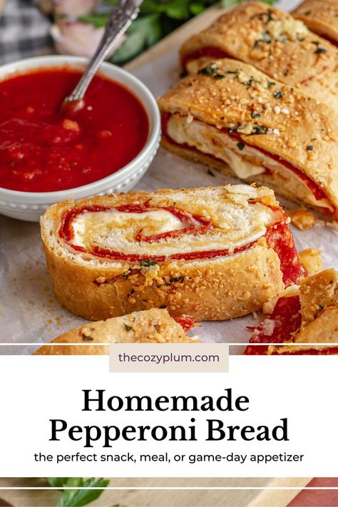 Slices of homemade pepperoni bread next to a white bowl of marinara sauce Pepperoni Dishes, Pepperoni Cheese Bread, Pepperoni Bread Recipe, Homemade Pepperoni Rolls, Pepperoni Roll, Homemade Pepperoni, Pepperoni Bread, Homemade Pizza Rolls, Pizza Bread Recipe