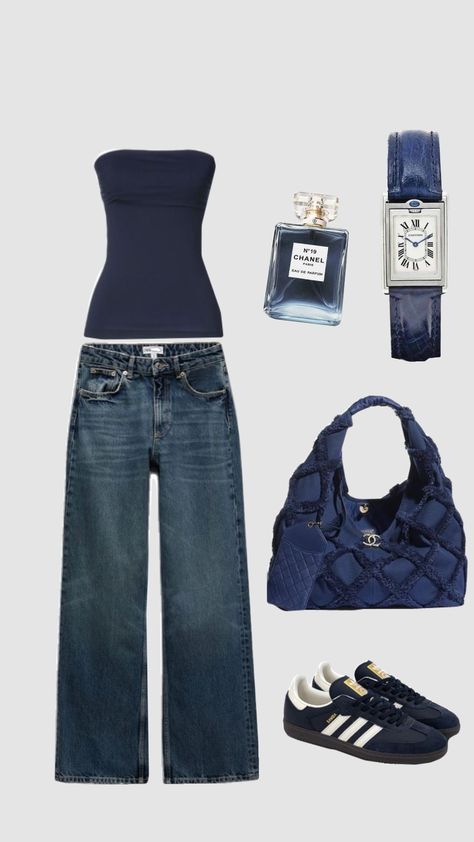 #blue #adidas #chanel #fashion #outfit #perfume #bag #navyblue #style #ootd #pilatesprincess #coffe #espresso Dark Blue Outfit Ideas, Rabbit Oc, Blue Bag Outfit, Chanel Bag Outfit, Navy Blue Outfit, School Kit, Navy Outfit, Bag Outfit, Stylish Work Outfits