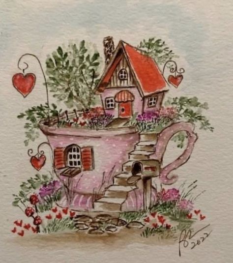 Cup House Illustration, Teacup House Drawing, Fairy House Drawing, House Doodle, Watercolor Art Journal, Storybook Art, Everyday Art, Hur Man Målar, Art Impressions