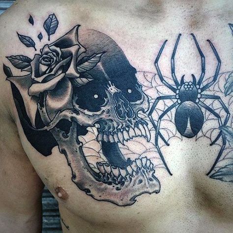 Spider And Skull Tattoo, Skull Spider Tattoo Design, Spider With Skull Tattoo, Spider Tattoos Men, Skulltula Tattoo, Spider Skull Tattoo, Skull Spider Tattoo, Spider Neck Tattoo, Dark Feminine Tattoos