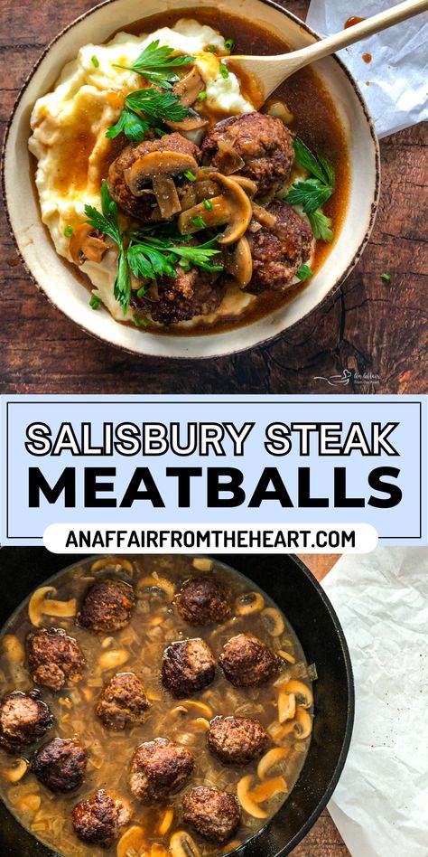 Salisbury steak meatballs in a skillet and over mashed potatoes in a white bowl. Meatballs And Brown Gravy, Homemade Ground Beef, Ground Beef Meatballs, Salisbury Steak Meatballs, Over Mashed Potatoes, Delicious Family Dinners, Fluffy Mashed Potatoes, Heart Recipes, Meals Ideas