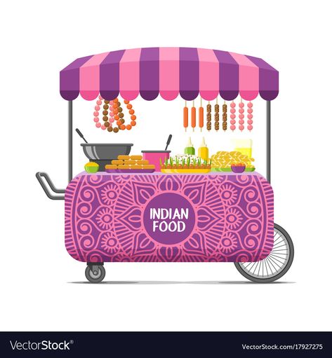 Indian street food cart colorful image Royalty Free Vector Street Food Cart, Street Food Design, Desi Street Food, Food Logo Design Inspiration, Colorful Food, Indian Appetizers, Food Carts, Indian Illustration, Food Cart Design