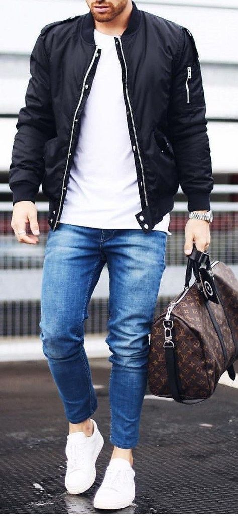 Boomer Jacket, Casual Weekend Style, White Shirt Men, Mens Fashion Edgy, Stylish Mens Fashion, Mens Fashion Smart, Mens Fashion Rugged, Mens Fashion Urban, Monochrome Fashion