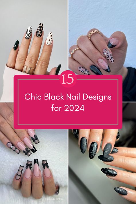 A trendy guide featuring 15 elegant black minimalistic nail designs for 2024. The pin showcases 4 stunning images of black nail art perfect for both salon visits and DIY efforts at home. Black Nails With Simple Design, Black Chic Nails, Black Winter Nail Ideas, Simple Black And Gold Nails, Black And Grey Nails Designs, Black Glitter Nail Designs, Minimalistic Nail Designs, Black Floral Nails, Black Nails Almond