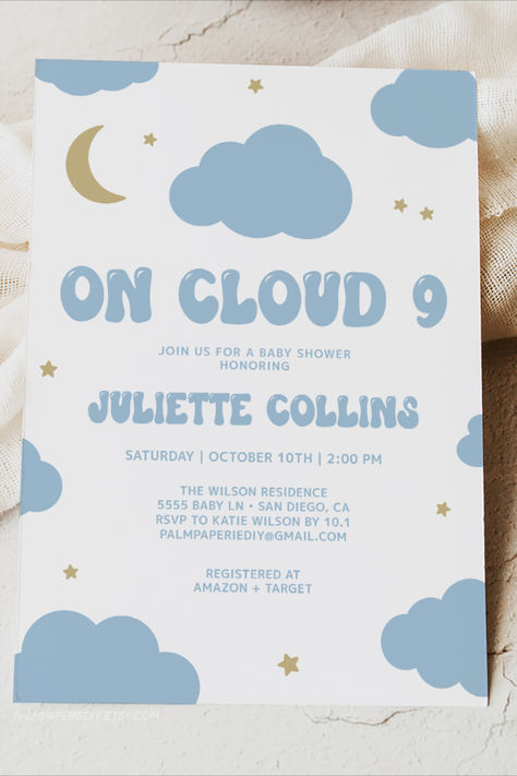 Cloud theme baby shower ideas. These On Cloud 9 baby shower invitations are perfect for a sky theme with stars and clouds. On Cloud 9 Baby Shower Invitation, Cloud Theme Baby Shower Ideas, Clouds Invitation, Theme Baby Shower Ideas, Cloud Theme, Baby Shower Theme, Cloud 9, Baby Ideas, Baby Shower Invitation