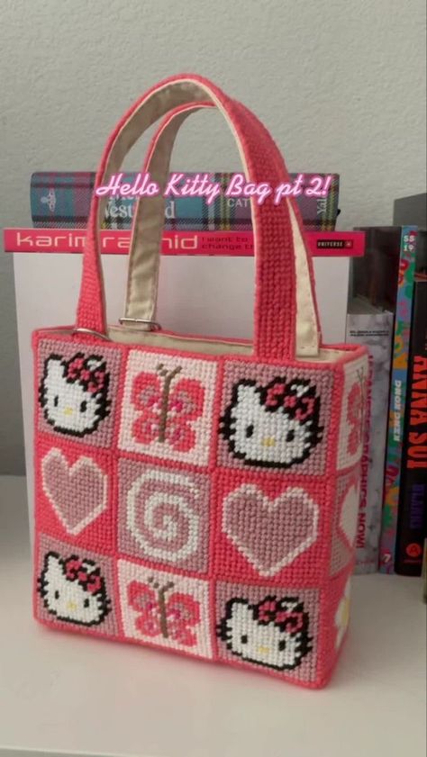 Crochet Hello Kitty Bag, Hello Kitty Tapestry, Crochet Hello Kitty, Crochet Grid, Canvas Bag Diy, Hello Kitty Crochet, Crochet Cup Cozy, Hello Kitty Bag, Crochet Bag Tutorials