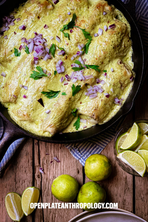 Everyone loves enchiladas, but these take that zesty poblano and make a divine sauce as well as decadent interior.  It's comfort and healthy all in one. #openplateanthropology #enchiladas #poblanos #mexicanfood #comfortfood #dinner #onmytable #foodporn #decadence #yum #eatwithyoureyes #homemadesauce #scrumptious Poblanos Recipes, Chicken Poblano Enchiladas, Decadent Interior, Poblano Chicken Enchiladas, Authentic Enchiladas, Poblano Enchiladas, August Recipes, Poblano Chicken, Poblano Sauce