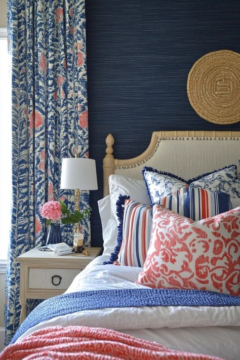 navy and blush bedroom ideas Coral And Blue Bedroom, Pink Navy Bedroom, Coral And Navy Bedroom, Navy Velvet Headboard, Bedding Combinations, Navy Bedroom Ideas, New England Bedroom, Navy Blue Bedroom Ideas, Navy Blue Bedroom