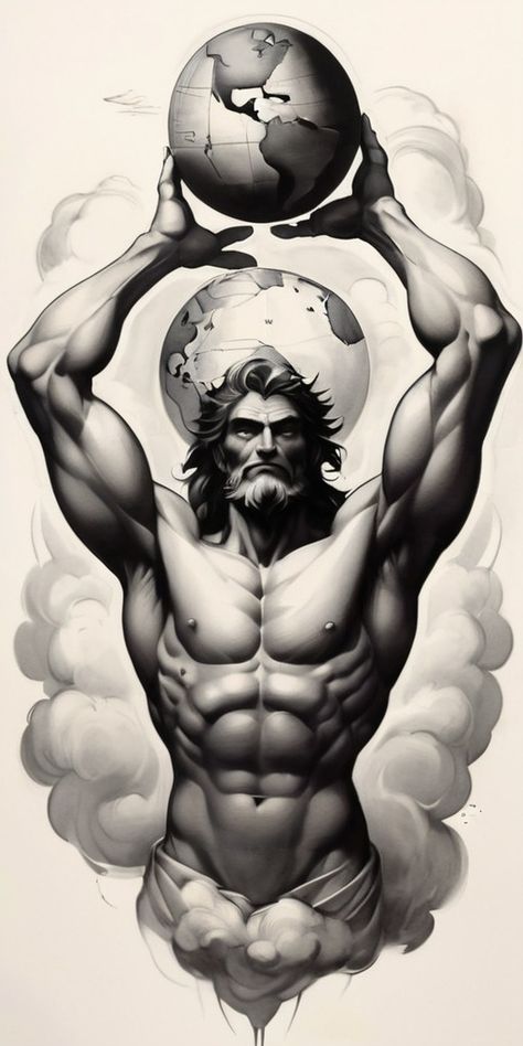 Atlas Greek God, Greek God Tattoo Design, Roman Tattoo Design, God Tattoo Design, Hercules Tattoo, Poseidon Statue, Poseidon God, Gym Tattoo, Greek God Tattoo