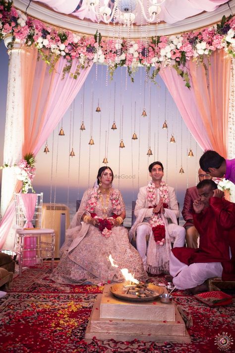 Photo of mandap with hanging temple bells in decor Mandap Setup, Floral Mandap, Decor Indian Wedding, Hindu Wedding Decorations, Wedding Decorations Pictures, Indian Wedding Decorations Receptions, Indian Wedding Theme, Mandap Design, Temple Bells