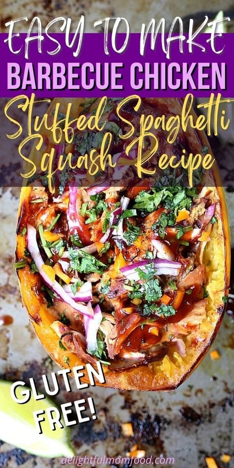 Barbecue chicken stuffed spaghetti squash boats are so easy to make, especially if you cook the shredded chicken in the slow cooker! It is a delicious light and hearty gluten-free spaghetti squash recipe you can feel lean about eating. Chicken Stuffed Spaghetti Squash, Chicken In The Slow Cooker, Spaghetti Squash Boats, Squash Boats, Stuffed Spaghetti Squash, Chicken Lickin, Spaghetti Squash Recipe, Gluten Free Spaghetti, Yummy Chicken