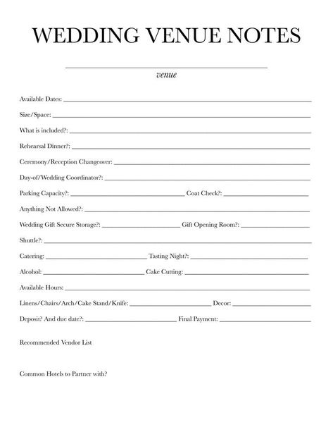 Conquer your wedding venue search with this downloadable, comprehensive worksheet! Print as many as you need to stay organized through every venue tour.  From available dates and space size to catering options and vendor recommendations, this two-page document helps you capture every essential detail.  Plus, a dedicated space for sketching the venue layout ensures you visualize the space perfectly.  Make informed decisions with ease. 
.#WeddingPlanning #BrideToBe #WeddingInspiration #EventPlanning #DreamWedding Wedding Planning Folder, Wedding Planning Sheets, Wedding Planning Worksheets, Wedding Digital Planner, Wedding Planning Template Free Printable, Venue Comparison Worksheet, Wedding Planning 101, Wedding Binder Table Of Contents, Wedding Planning Printables Free