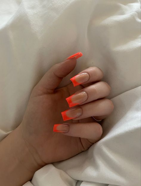 Orange Summer Acrylic Nails, Red Orange French Tip Nails, Bright Orange French Tip Nails, Neon Orange Nails French Tip, French Orange, Orange French Tips, Orange French Nails, Orange French Tip, Red Summer Nails