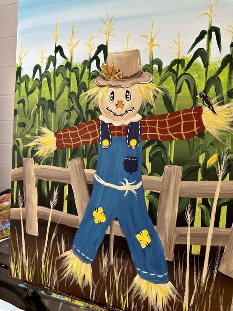 Scarecrow Paintings, Scarecrow Painting, Crow Painting, Fall Windows, Fall Scarecrows, Fall Canvas, Acrylic Craft Paint, Window Ideas, Easy Canvas Painting