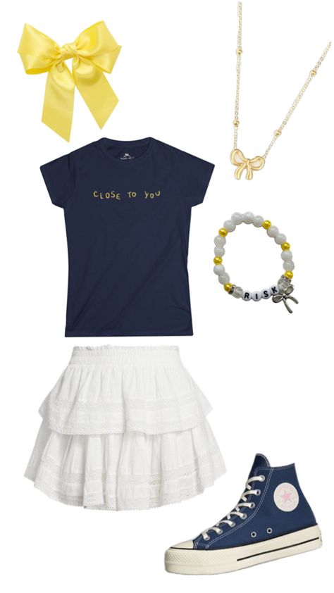 Gracie abrams tour outfit inspo, close to you inspired, risk, yellow bow, blue converse Gracie Abrams Outfits, Gracie Abrams Tour, Billie Eilish Concert Outfit, Gracie Abrams Concert, Yellow Bow, Blue Converse, Outfit Collage, Concert Fits, Gracie Abrams