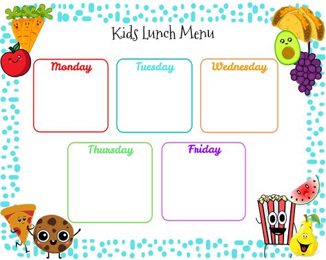 Weekly Lunch Menu For Kids, Preschool Menu Meal Planning, Homeschool Lunch Menu Free Printable, Daycare Menu Template, Food Program Menu Daycare, Lunch Chart, School Lunch Menu Calendar, Kids Lunch Menu, Childrens Day Quotes