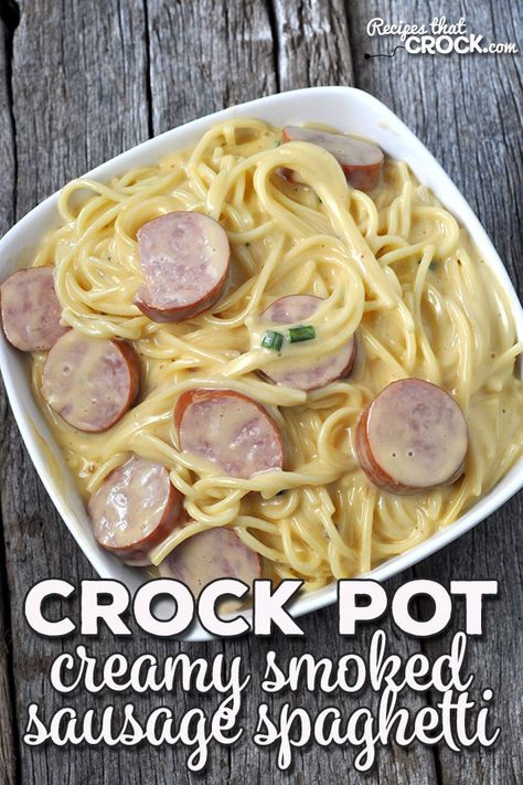 Conecuh Sausage Recipes Crockpot, Smoked Sausage Pasta Crockpot, Crock Pot Recipes With Sausage, Kelbeisa Sausage Crockpot Recipes, Easy Crockpot Sausage Recipes, Creamy Sausage Spaghetti, Ring Sausage Crockpot Recipes, Smoked Sausage Recipes Easy Crock Pot, Crock Pot Smoked Sausage Recipes