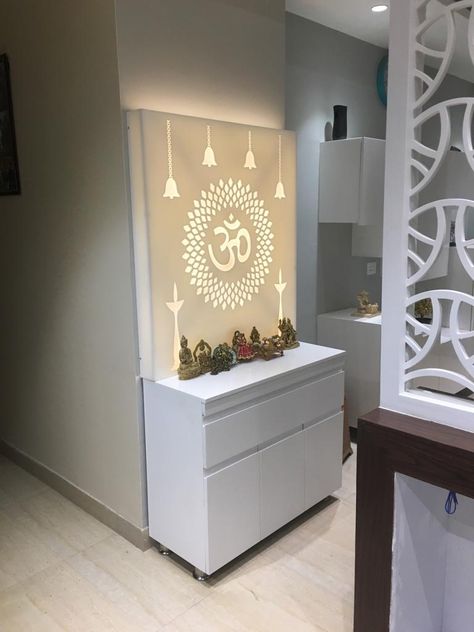 Worship Area In Home, Wall Mounted Mandir Design, Om Design For Mandir, Puja Unit, Civil Works, Wooden Temple For Home, Pooja Unit, Puja Mandir, Photography House