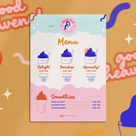 Heaven Sent Froyo Branding & Menu Yogurt Logo Design, Oreo Delight, Yogurt Brands, Branding Logo Design, Heaven Sent, Passion Project, Menu Design, Graphic Design Branding, Frozen Yogurt