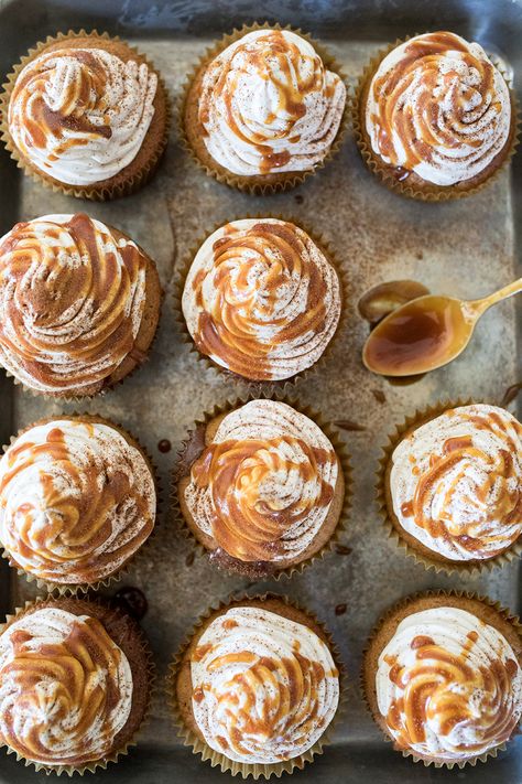 Apple Buttercream, Apple Cider Cupcakes, Cupcakes With Caramel, Caramel Apple Cupcakes, Caramel Buttercream Frosting, Apple Cupcakes, Hard Apple Cider, Caramel Drizzle, Caramel Buttercream